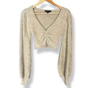 Forever 21 Fuzzy Crop Top Sweater Balloon Sleeve Size Medium Beige Gathered Bust